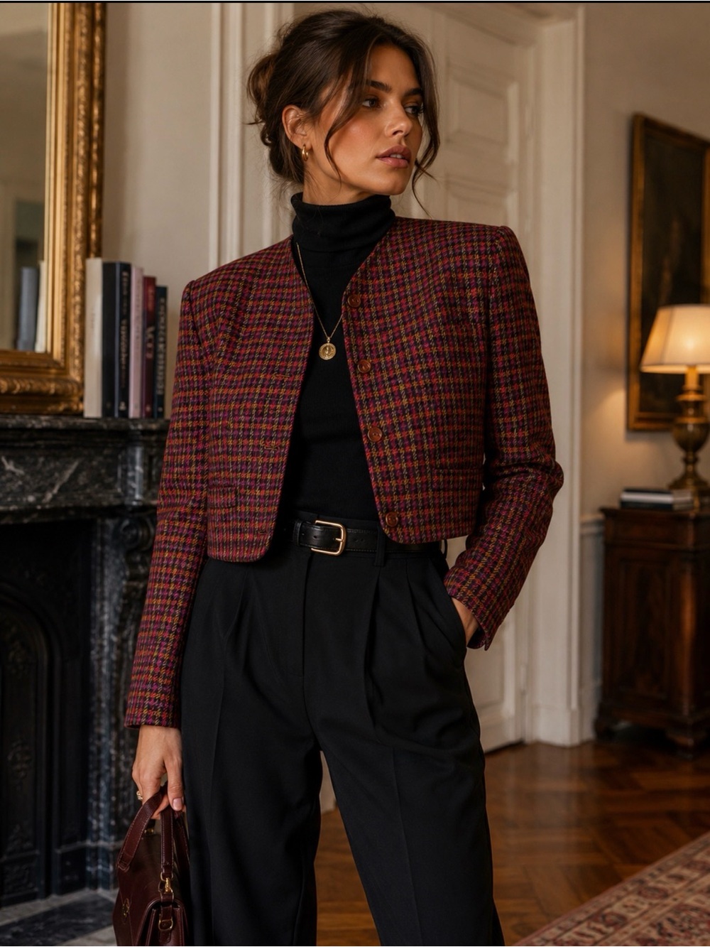 Linda Allard Ellen Tracy Wool Silk Plaid Cropped Jacket Size 8